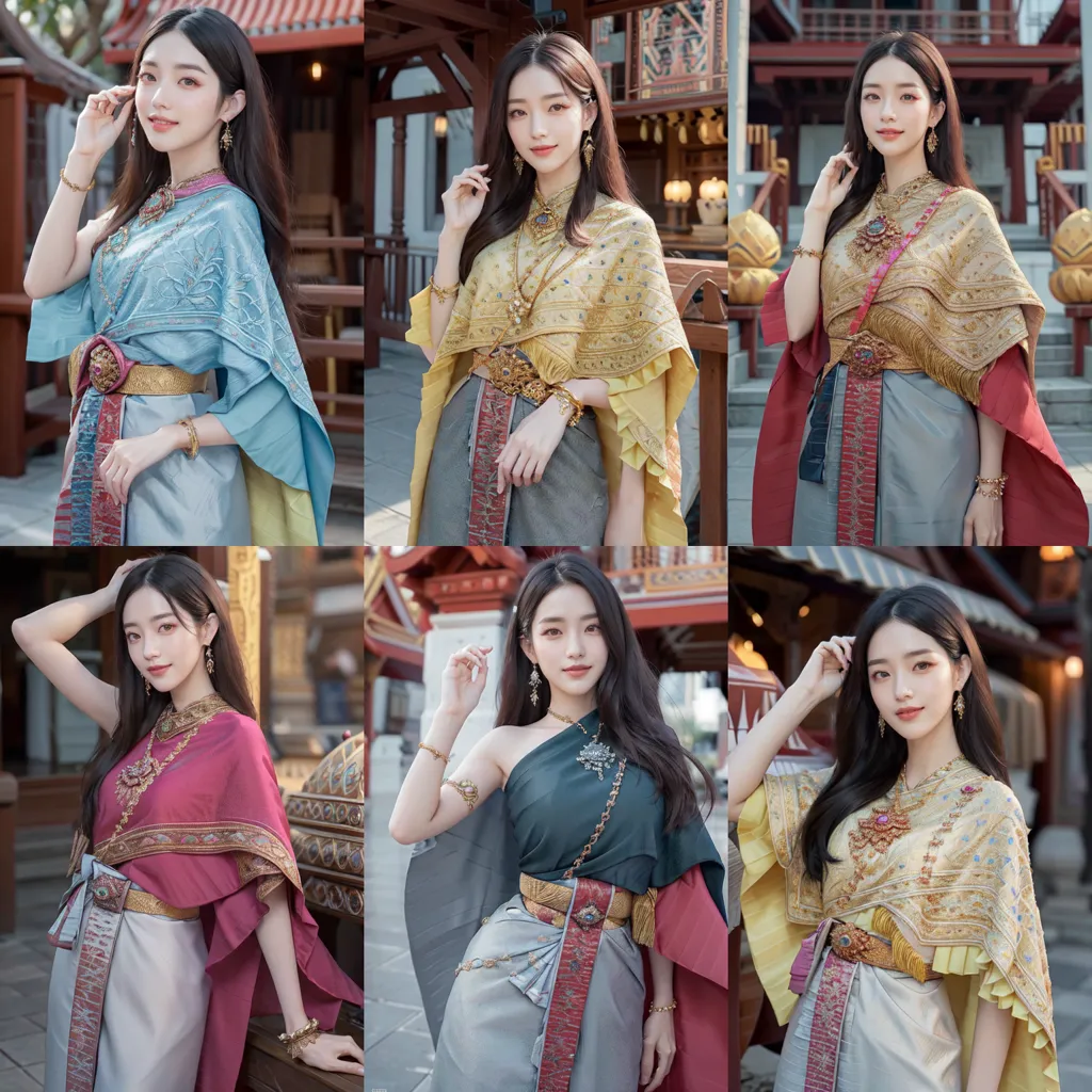 The image shows six beautiful Thai women wearing traditional Thai clothing. The women are all wearing different styles of Thai dresses, but they all share a common theme of elegance and beauty. The dresses are made from fine fabrics and are decorated with intricate details. The women are also wearing traditional Thai jewelry, which adds to their overall look. The images are taken in a variety of settings, including a temple, a garden, and a traditional Thai house. The images are a beautiful representation of Thai culture and tradition.