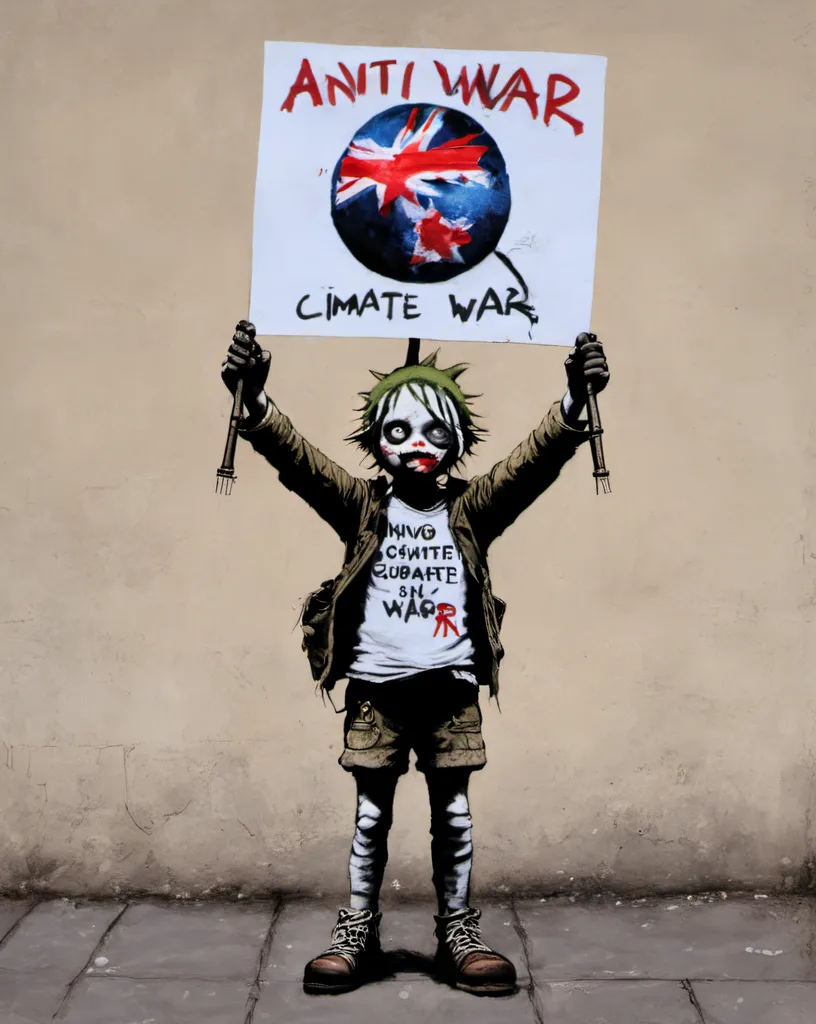 A young boy is holding a sign that says "Anti-War" with a picture of the Union Jack flag. He is wearing a gas mask and has a green Mohawk. He is standing in front of a wall with graffiti on it. The graffiti says "No War" and "Climate War". The boy is surrounded by rubble and debris. He looks like he has been through a lot. The image is very powerful and thought-provoking. It is a reminder of the human cost of war and the importance of peace.