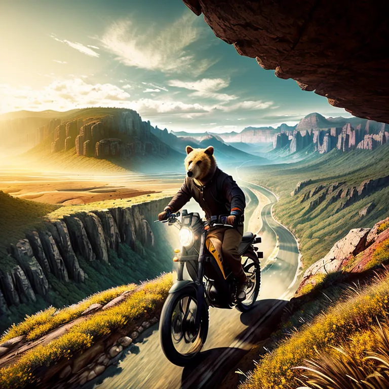 The image shows a bear riding a motorcycle on a winding road in the mountains. The bear is wearing a black leather jacket and a helmet. The motorcycle is black and gray. The road is surrounded by mountains and there is a canyon to the left. The sky is blue and there are clouds in the distance. The sun is shining on the bear and the motorcycle.