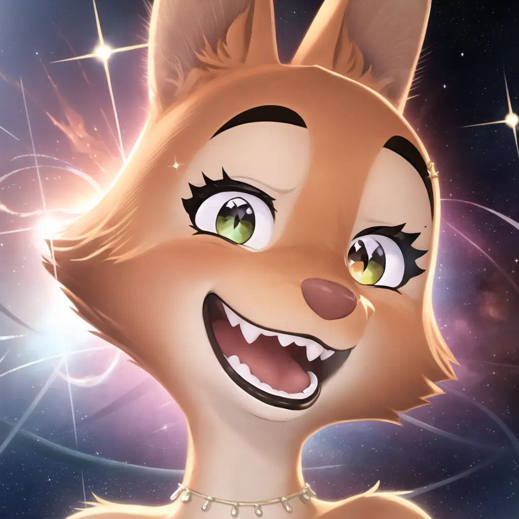 Esta é uma imagem de um raposa de desenho animado. A raposa está sorrindo e tem olhos verdes. Ela está usando um colar de pérolas. Há estrelas no fundo.