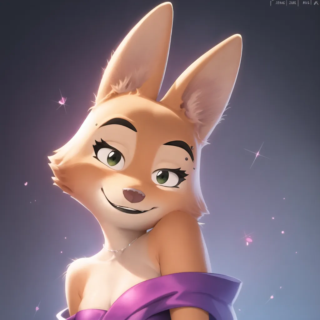 The image is a cartoon fox in an evening gown. The fox is standing with her left hand on her hip and her right hand resting on her shoulder. She is wearing a purple dress with a sweetheart neckline and a diamond necklace. The fox has long, pointed ears and green eyes. Her fur is a light orange color. She is standing in front of a dark purple background with sparkles.