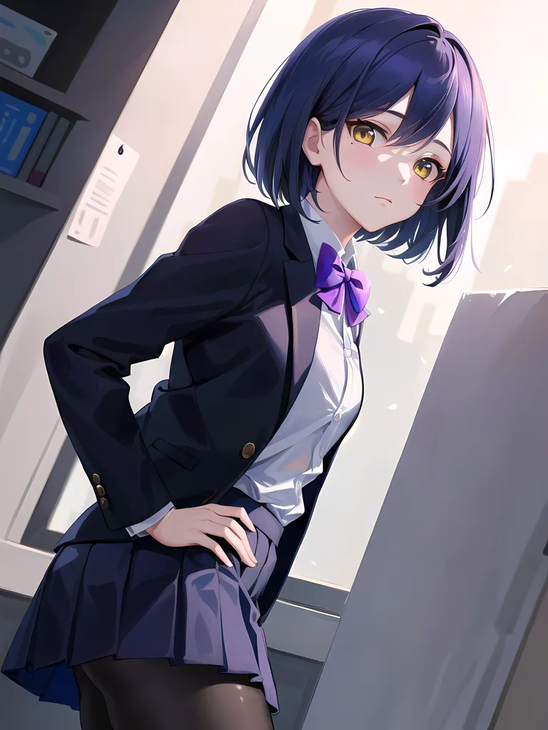 The image shows a young woman with mid-length dark blue hair. She is wearing a white blouse, a purple bow, and a dark blue blazer. She also has a dark blue skirt on and black stockings. She is standing in a room with a window to her left.