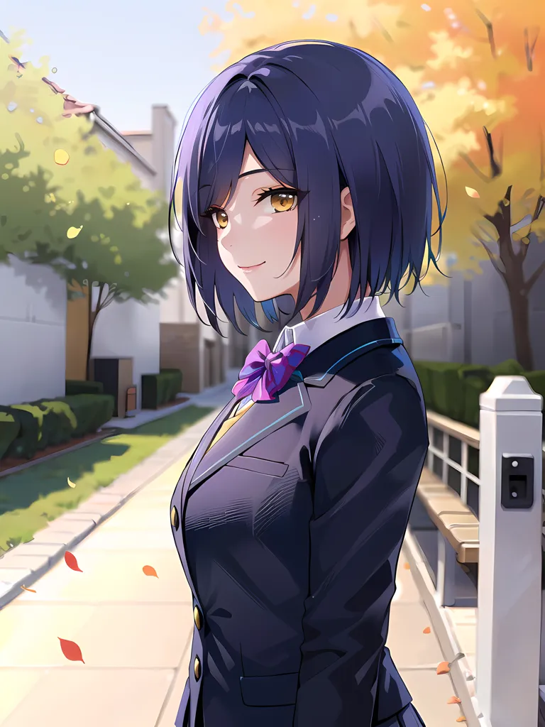 The image is an anime-style drawing of a young woman with short blue hair and yellow eyes. She is wearing a dark blue suit jacket with a white shirt and purple bow tie. She is standing in a park, surrounded by trees and buildings. The sun is shining, and the leaves are falling from the trees. The woman is smiling and looking at the viewer.