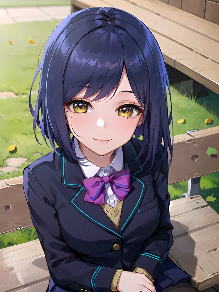 The image shows a young girl with long dark blue hair and yellow eyes. She is wearing a school uniform consisting of a dark blue blazer with a white shirt and purple bow tie. She is sitting on a wooden bench in an outdoor area. There are green leaves and grass in the background. The girl has a gentle smile on her face and is looking at the viewer.