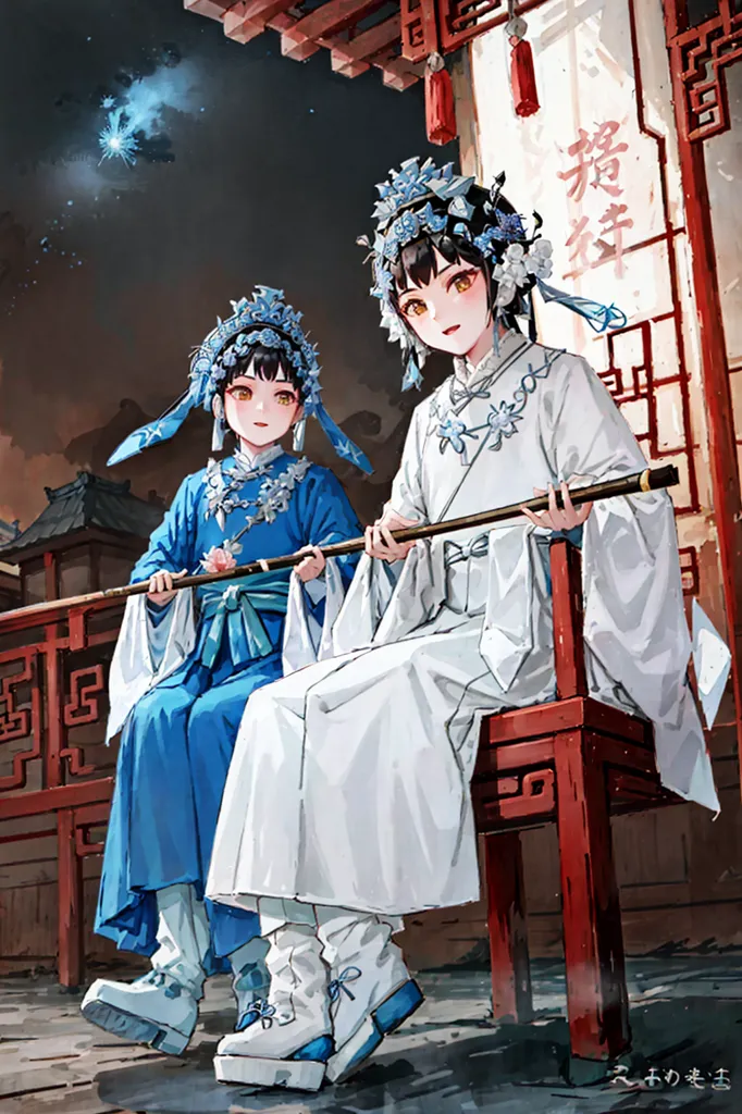 The picture shows two young girls in traditional Chinese opera costumes. They are sitting on a red chair and a railing, respectively. The girl on the left is wearing a blue and white costume with a blue headpiece. She is holding a fan. The girl on the right is wearing a white and blue costume with a white headpiece. She is holding a flute. There is a Chinese couplet on the right side of the image.