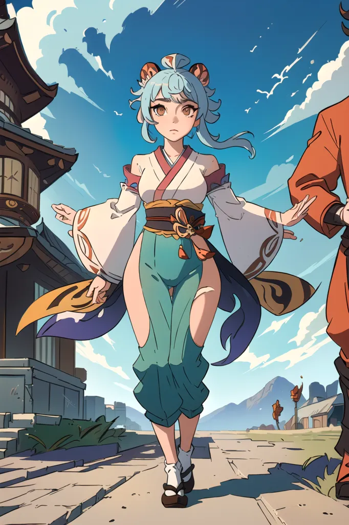 La imagen es de una mujer joven con el cabello azul y orejas de gato. Lleva un kimono blanco con un cinturón azul y pantalones verdes. Camina descalza por un sendero de piedra en un pueblo de estilo japonés. El fondo es un cielo azul con nubes blancas y una montaña a lo lejos.