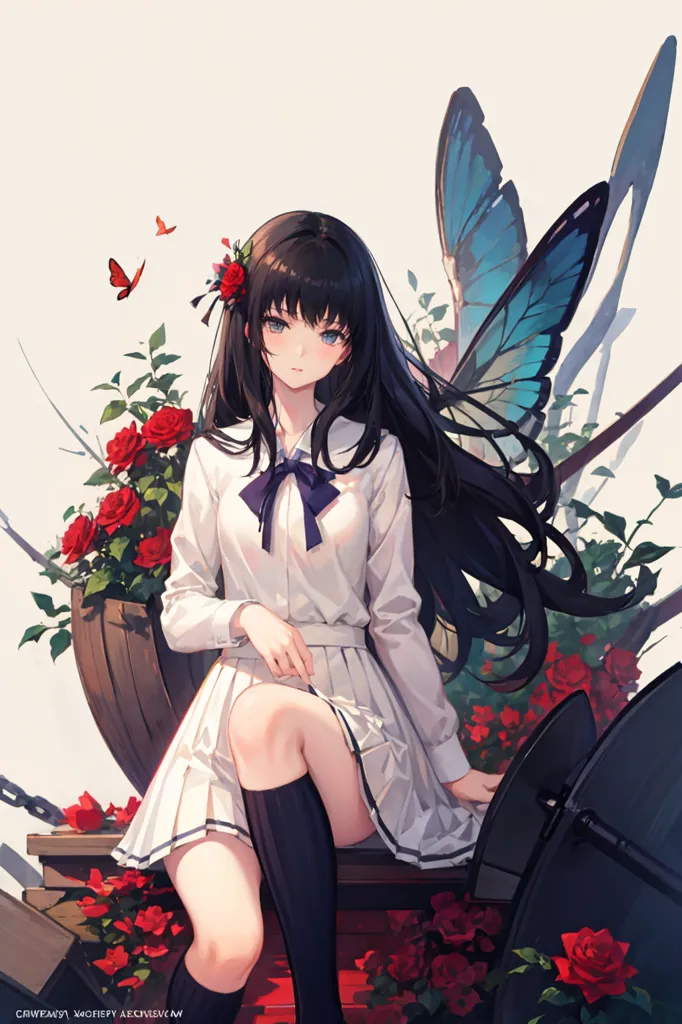 The image is of a beautiful anime girl with long black hair and blue butterfly wings. She is wearing a white shirt and a pleated skirt. She is sitting on a wooden box that is filled with red roses. There are also red roses in her hair and around her. She has a butterfly hairpin on the right side of her head. She is looking at the viewer with a gentle smile on her face. The background is a soft white color.