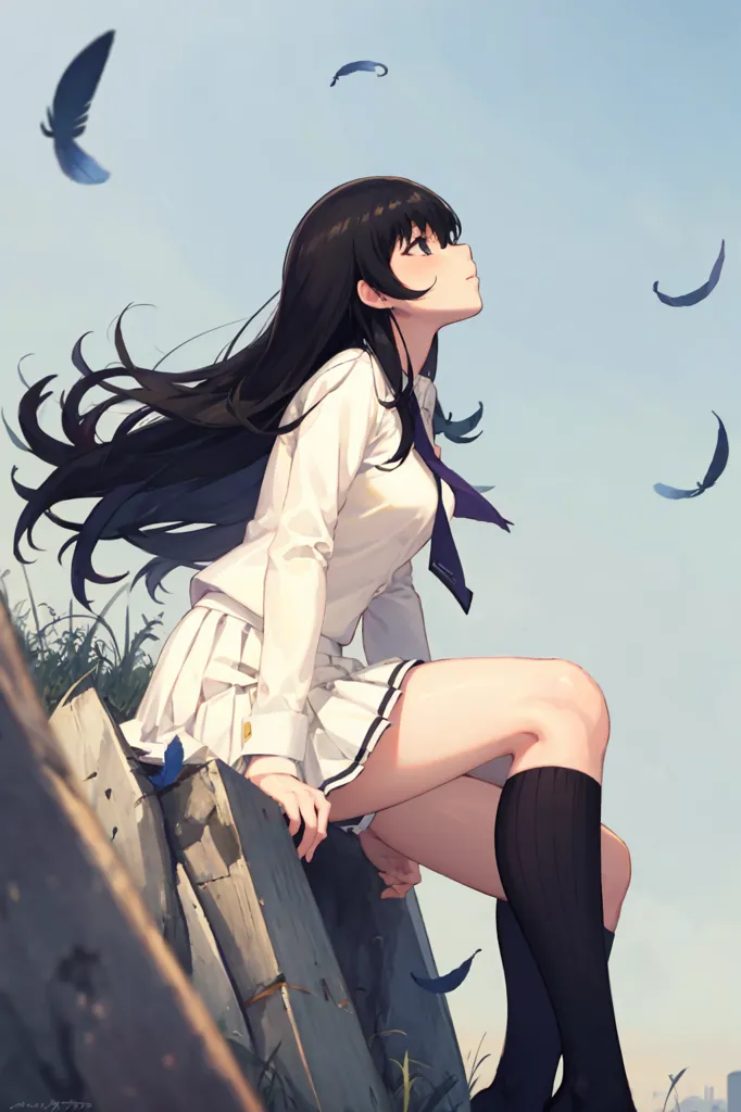 The image is a painting of a young girl sitting on a wall. She is wearing a white shirt, a gray skirt, and a purple tie. Her long black hair is blowing in the wind. The girl is looking up at the sky, where there are several feathers floating. The background is a pale blue sky. The girl's expression is peaceful and serene.