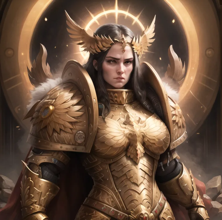 The image shows a woman in golden armor with a white cape. She has long brown hair and a stern expression on her face. She is standing in front of a large golden halo and is surrounded by a dark background.