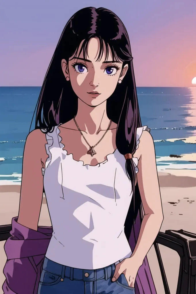 The image contains a young woman standing on a beach. She is wearing a white tank top and blue jeans. She has long black hair and purple eyes. She is looking at the viewer with a serious expression. The background is a sunset over the ocean. The water is a deep blue color and the sky is a light orange color. The sun is setting on the horizon and the waves are crashing on the shore.