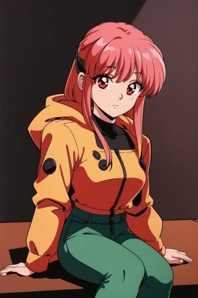 The image is of a young woman with pink hair and red eyes. She is wearing a yellow jacket, green pants, and a black shirt. She is sitting on a table, with her hands resting on the table. She has a serious expression on her face. The background is dark.