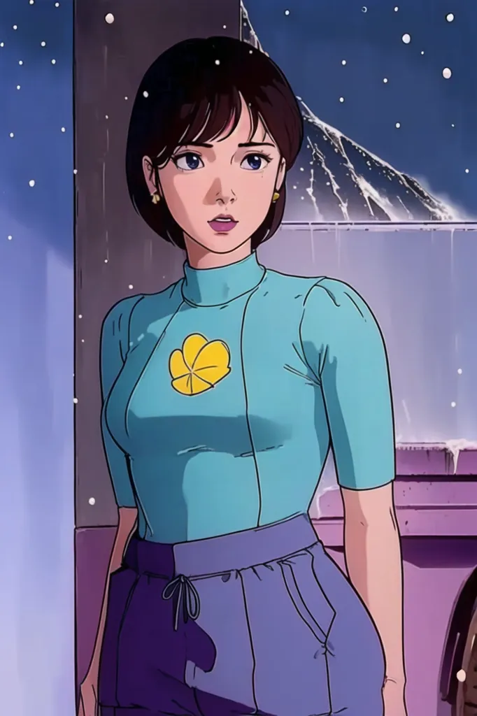 The image is of a young woman with short brown hair and blue eyes. She is wearing a blue turtleneck blouse with a yellow flower-shaped brooch on the left side. She is also wearing purple pants. The background is a snowy mountain landscape with a starry sky. The woman is standing in front of a building, possibly a ski lodge. She is looking at the view with a pensive expression on her face.