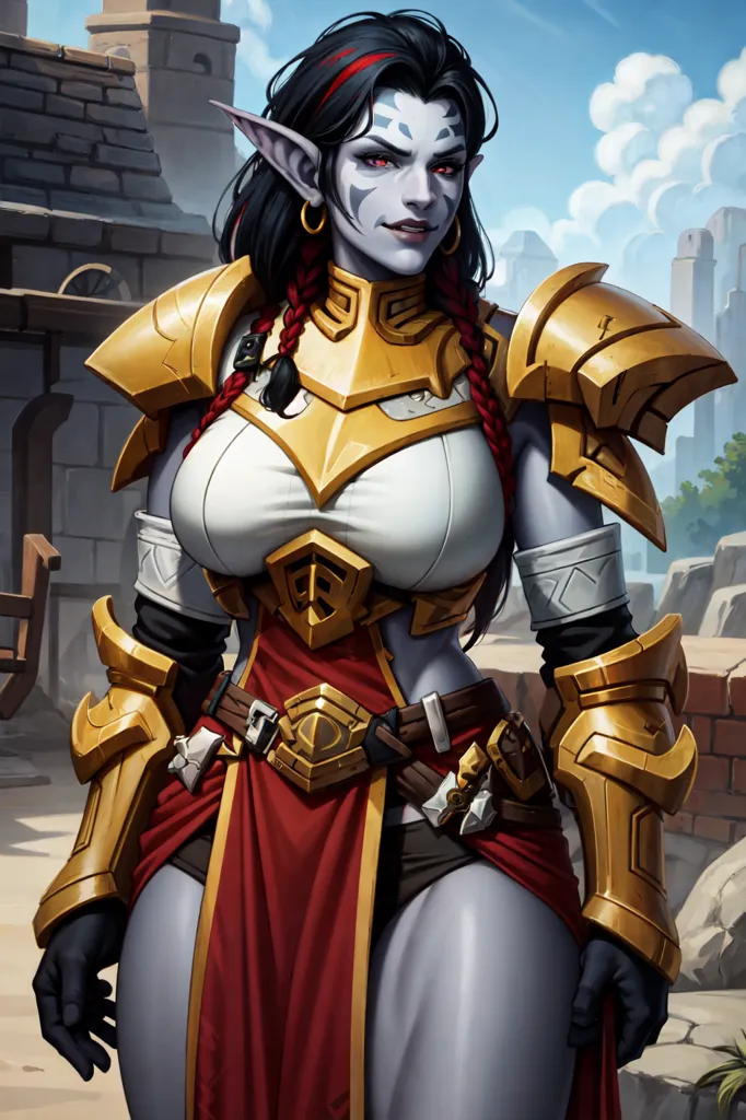 This is an image of a dark elf woman. She is wearing golden armor and a red skirt. She has long black hair and red eyes. She is standing in a confident pose, with her hands on her hips. She looks like a warrior, and she is ready for battle.