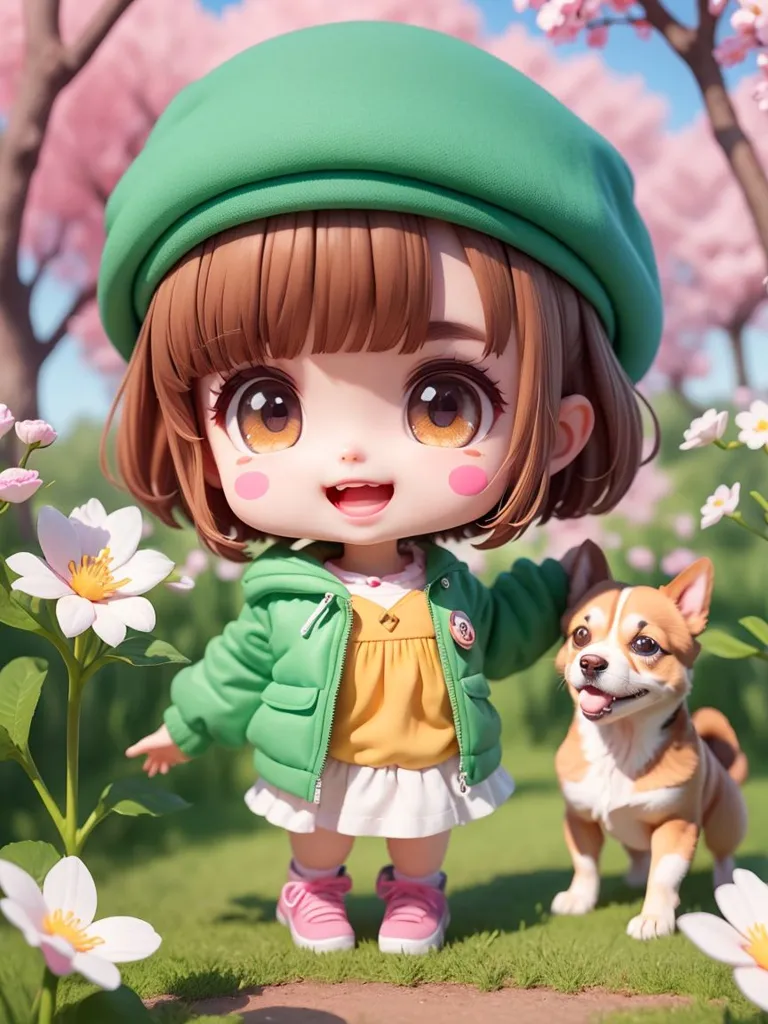 A imagem mostra uma garota estilo anime chibi com cabelos e olhos castanhos. Ela está usando um boné verde, um vestido amarelo e um casaco verde. Ela também está usando sapatos rosa e tem uma flor rosa no cabelo. Ela está em pé em um campo de flores com um cachorrinho marrom e branco em seu lado direito, olhando para ela. No fundo, há algumas árvores e flores. A imagem é muito fofa e tem uma paleta de cores suave e pastel.