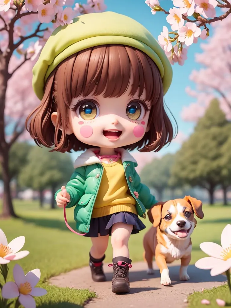 The image shows an anime-style girl walking her dog in a park. The girl has brown hair, blue eyes, and is wearing a green beret, a yellow sweater, and a green skirt. The dog is a small, brown and white dog. They are walking on a path in the park, and there are cherry blossoms blooming on the trees. The background is a soft, green blur.