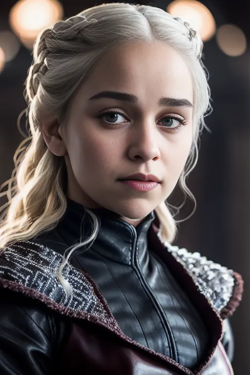 L'image est un portrait de Daenerys Targaryen, un personnage de la série télévisée HBO Game of Thrones. C'est une jeune femme à la peau pâle, aux cheveux blond argenté et aux yeux violets. Elle porte une veste en cuir noir avec un motif rouge et gris. L'image est prise dans un angle des trois-quarts, et Daenerys regarde le spectateur avec une expression sérieuse.