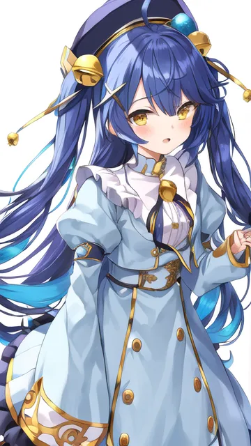 L'image montre une jeune fille aux longs cheveux bleus et aux yeux jaunes. Elle porte une robe bleue et blanche avec un chapeau blanc. Il y a des cloches dorées sur son chapeau et sa robe. Elle regarde le spectateur avec une expression curieuse sur le visage.