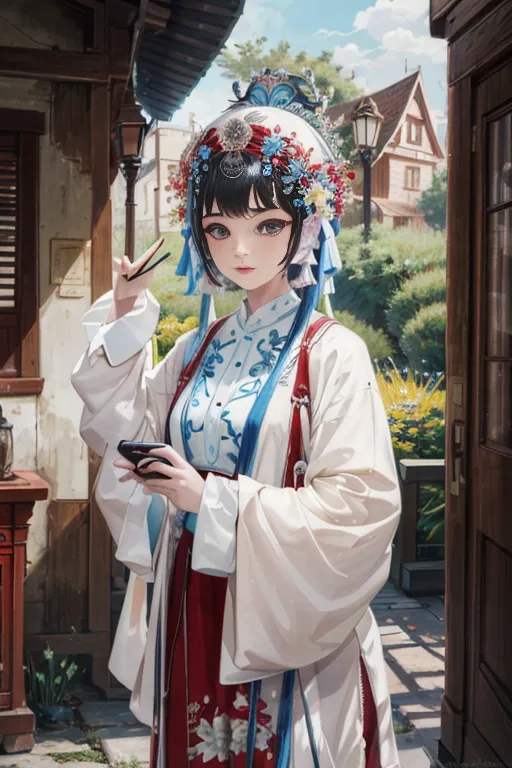 La imagen muestra a una mujer joven con un vestido tradicional chino (un hanfu) de pie frente a una puerta. Lleva una parte superior blanca y roja con mangas azules y blancas y una falda roja larga. La mujer tiene el cabello negro largo y ojos azules, y lleva un tocado azul y blanco. Sostiene un teléfono inteligente en una mano y un par de palillos en la otra. En el fondo, hay un patio tradicional chino con una pared de piedra y una puerta de madera.