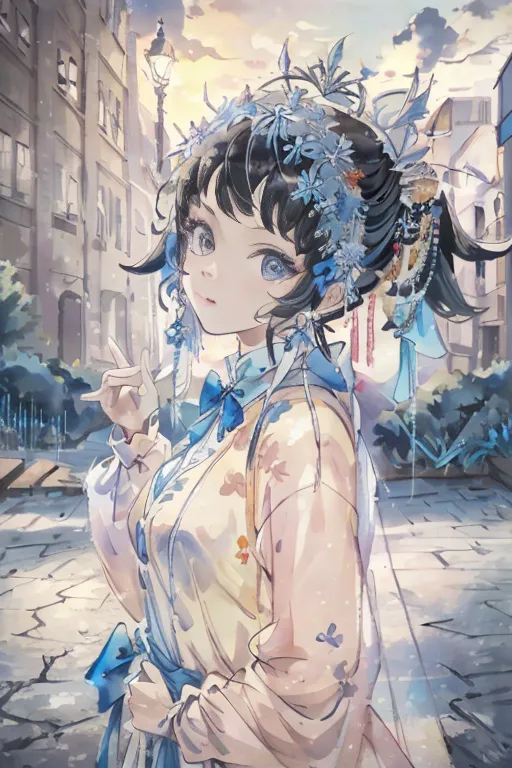 The picture shows a girl with long black hair wearing a blue and white hanfu. There are blue and white flowers in her hair. She is standing in an ancient Chinese street. There are buildings on both sides of the street. The girl is looking at the camera and smiling.