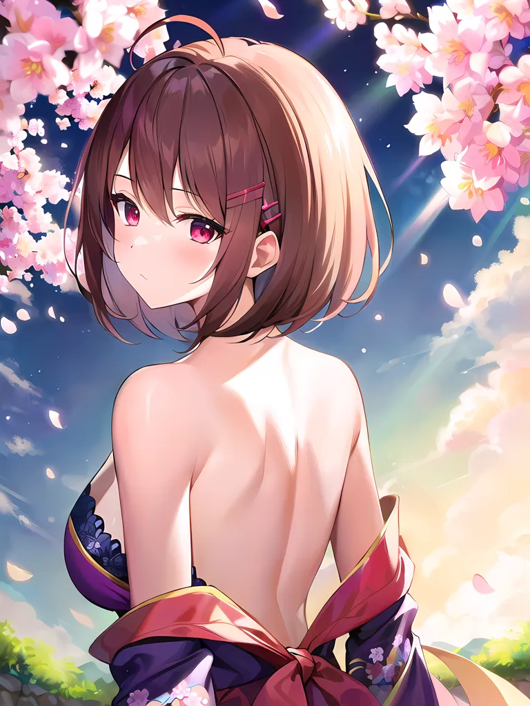 The image is a painting of a young woman standing with her back to the viewer. She has long brown hair and red eyes, and is wearing a purple kimono with a pink obi. The background is a pink and blue sky with cherry blossoms.