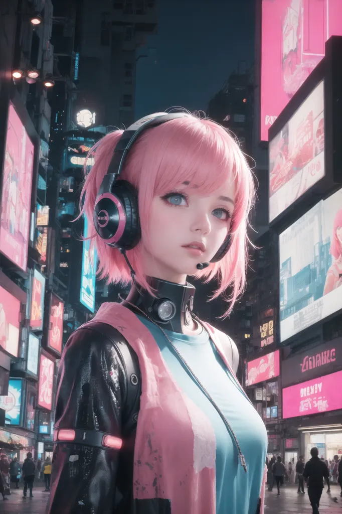 The image is of a young woman with pink hair and blue eyes. She is wearing a black jacket with pink highlights and a light blue shirt. She is also wearing headphones. She is standing in a city street with tall buildings and bright lights. There are people walking around her.