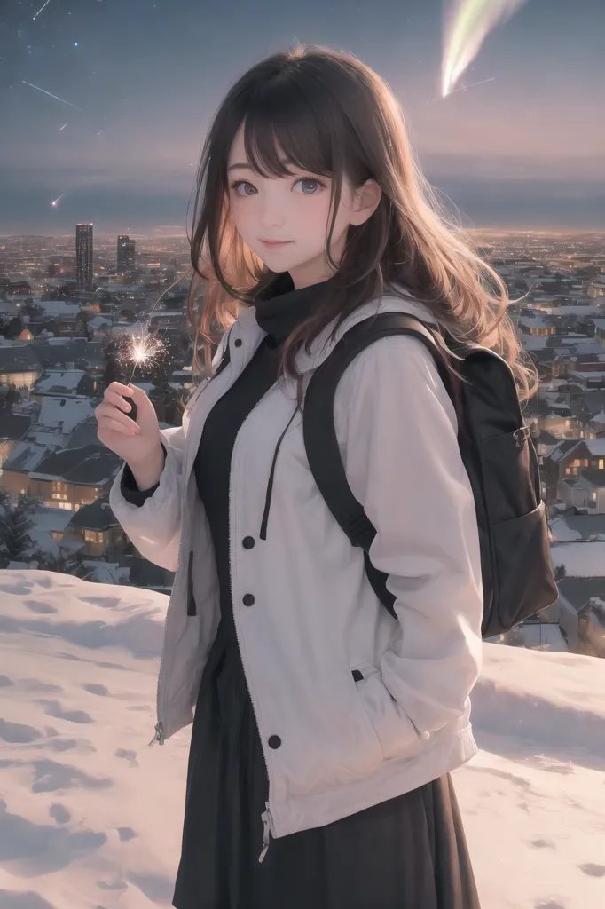 The image shows a young girl standing on a snowy hilltop. She is wearing a white jacket, a black dress, and a black backpack. She has long brown hair and brown eyes. She is holding a sparkler in her right hand. The background of the image is a cityscape at night. There are many tall buildings and a few trees in the distance. The sky is dark and there are a few stars in the sky. The girl is smiling and looks happy.