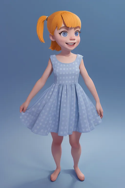 This is a 3D rendering of a little girl. She has orange hair tied in a ponytail, blue eyes, and a happy expression on her face. She is wearing a sleeveless blue dress with white polka dots and is barefoot. She is standing on a light blue background and is looking at the viewer.