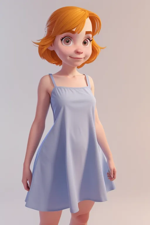 This is a 3D rendering of a young girl. She has orange hair and brown eyes. She is wearing a blue dress. The dress is sleeveless and has a square neckline. The hem of the dress is uneven. The girl is standing with her feet shoulder-width apart. Her arms are relaxed at her sides. She has a small smile on her face.