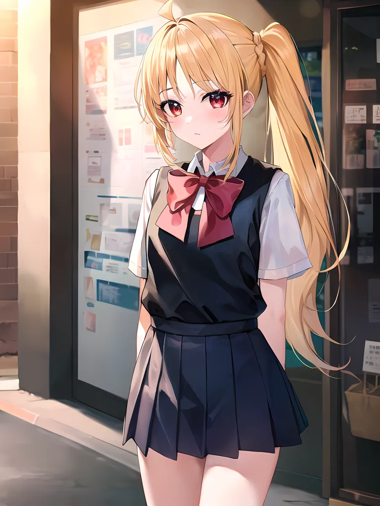 The image is a digital painting of a young woman in a school uniform. She has long blonde hair tied in a ponytail, red eyes, fair skin, and a small beauty mark on the left side of her face just below her eye. She is wearing a white short-sleeved shirt with a red bow, a gray pleated skirt, and black socks. She is standing in front of a glass door, with her left hand holding the strap of her bookbag and the other hand by her side.