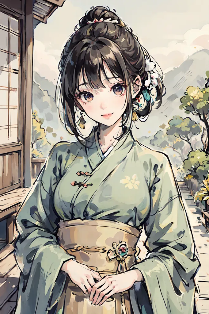 The image is a painting of a young woman in a kimono. She is standing in a traditional Japanese house, and there is a beautiful garden in the background. The woman is wearing a green kimono with a floral pattern, and her hair is tied up in a bun. She is smiling and looking at the viewer. The painting is done in a realistic style, and the colors are vibrant and lifelike.