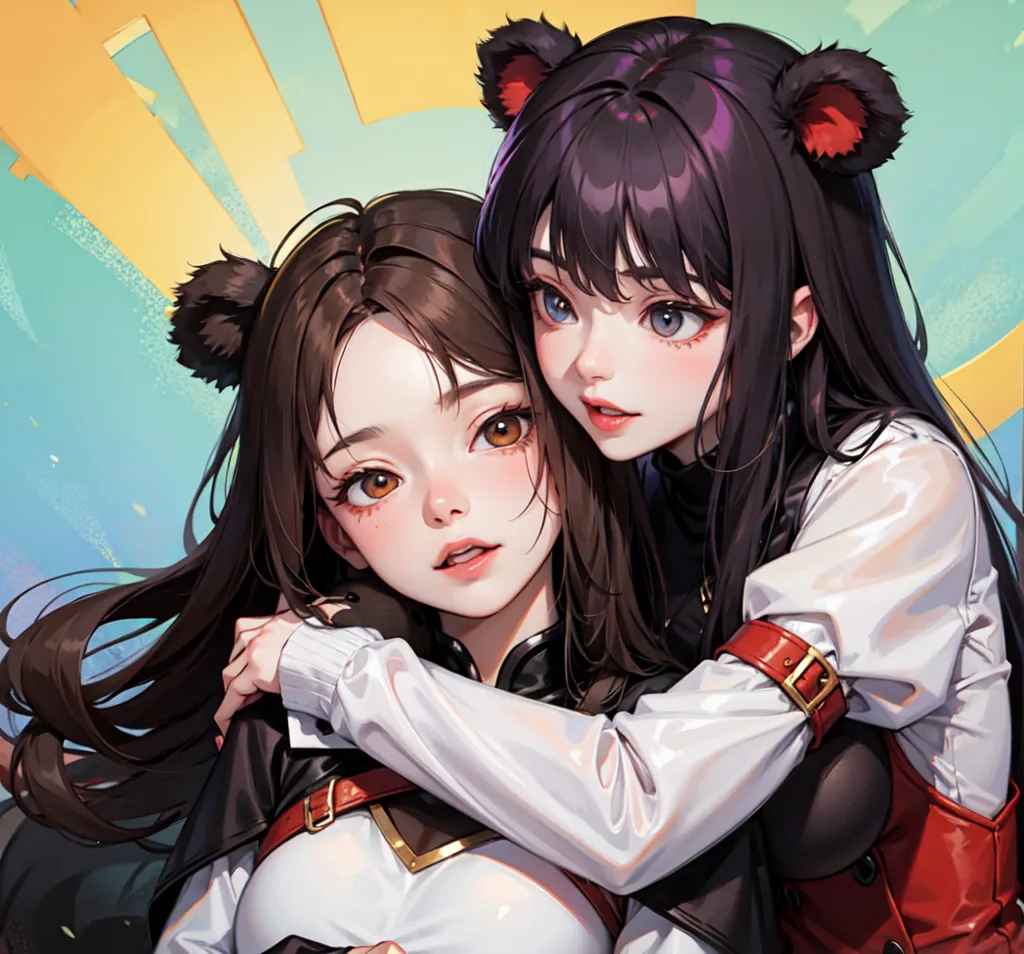 The image shows two young women with long hair in a close embrace. They are both wearing white shirts and black jackets. The woman on the left has brown hair and brown eyes, while the woman on the right has black hair and blue eyes. They both have cat ears.