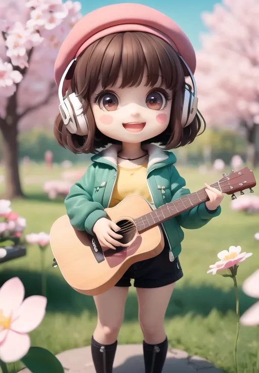 The image shows an anime girl with brown hair and brown eyes. She is wearing a pink beret, a green jacket, and a yellow shirt. She is also wearing headphones and playing a guitar. She is standing in a field of flowers and there are trees in the background. The image is very cute and colorful.