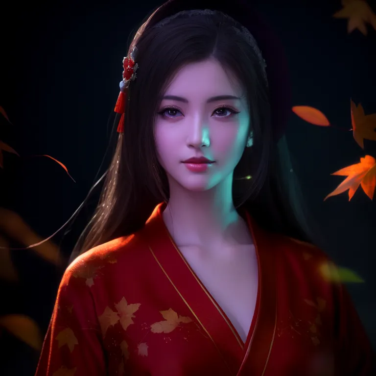 The picture shows a beautiful Asian woman with long black hair and red and gold traditional Chinese clothes with maple leaf patterns. She has red lipstick on and is looking at the camera with a slight smile on her face. There are also maple leaves falling around her. The background is dark.