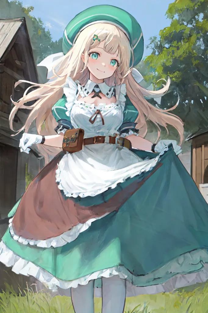 The image shows a young girl with long blonde hair and green eyes. She is wearing a green beret, a white and green dress, and a brown apron. She is also wearing a brown belt with a small bag attached to it. She is standing in a grassy field, and there are trees and houses in the background. The girl is smiling and looks happy.