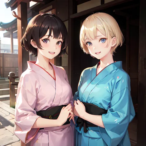 The image is of two young women standing next to each other, both wearing kimono. The woman on the left has short brown hair and brown eyes, and she is wearing a pink kimono with a white obi. The woman on the right has short blonde hair and blue eyes, and she is wearing a blue kimono with a white obi. Both women are smiling and have their hands clasped together. The background is a blurred image of a traditional Japanese house.