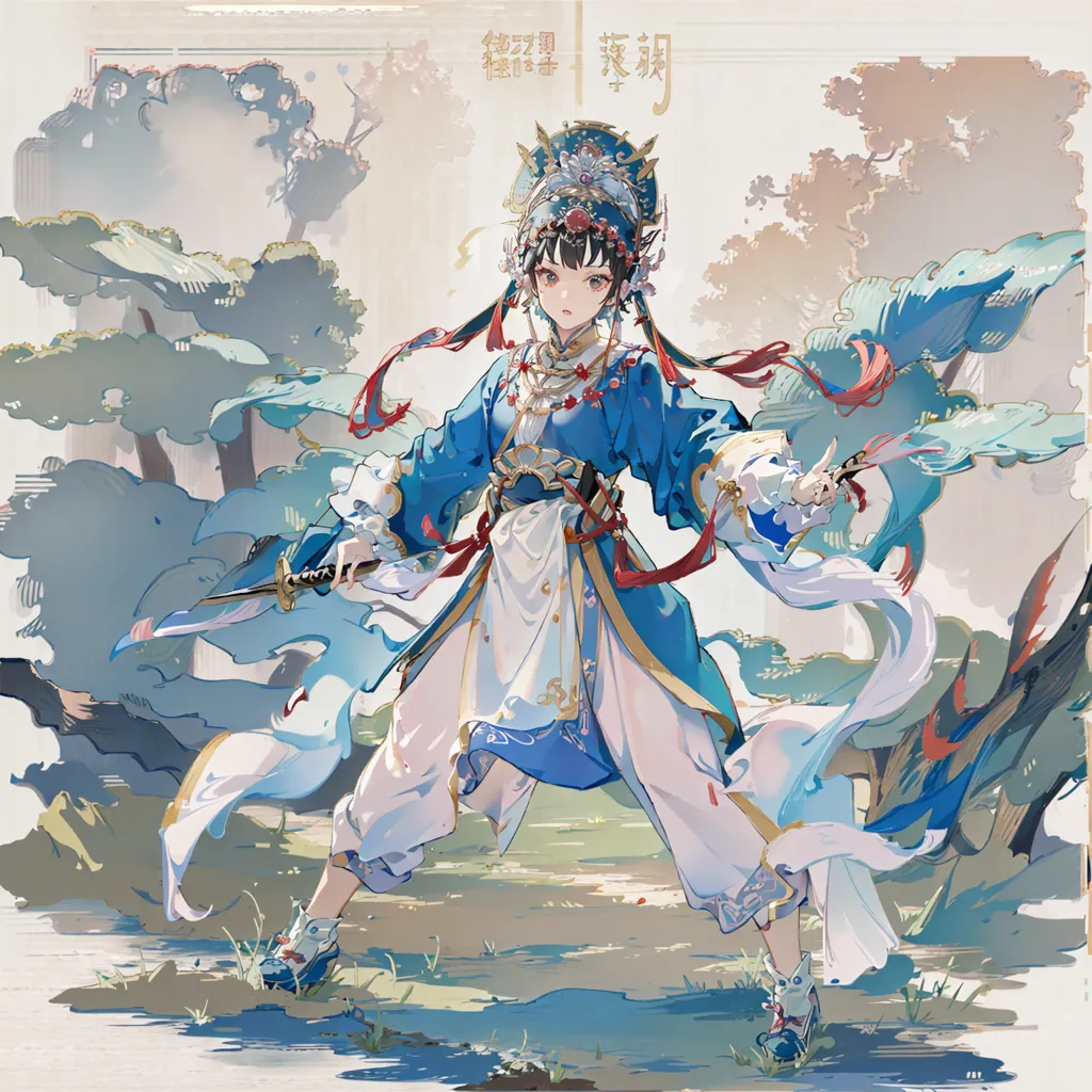 This is an image of a Peking Opera performer in a blue and white costume. She is holding a sword in each hand and is standing in a fighting stance. The background is a blue and green landscape with trees.