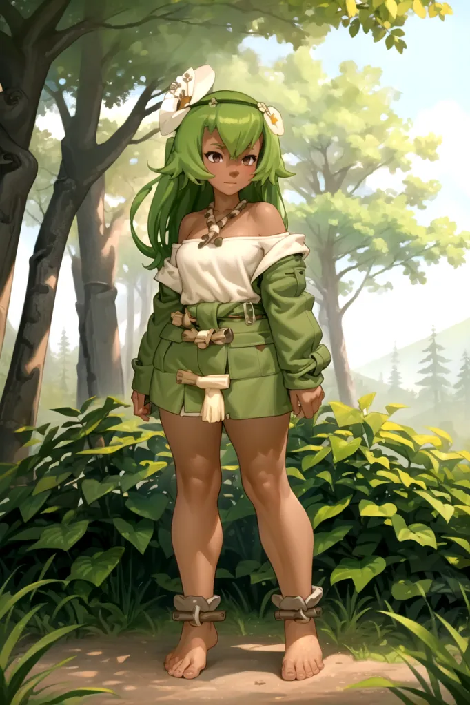 Cette image montre une jeune fille pieds nus aux cheveux verts et à la peau brune, portant un haut blanc épaules nues et une veste verte avec une ceinture marron. Elle se tient debout dans une forêt luxuriante, entourée de grands arbres et d'un feuillage dense. La fille a une expression confiante sur le visage et regarde directement le spectateur.