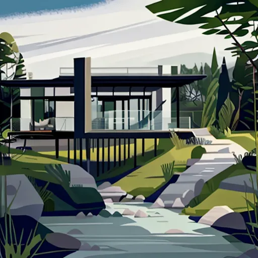 The image is a modern house with large glass windows. The house is surrounded by greenery and a river flows in front of it. The house is built on stilts which gives the impression that it is floating above the ground. The house has a large balcony with a glass railing. The image is done in a minimalist style and the colors are muted.