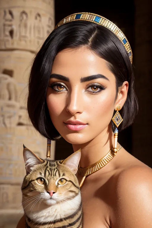 This image shows a young woman with short black hair and brown eyes. She is wearing an Egyptian-style headdress and a necklace with a large pendant. She is also wearing earrings and has a cat on her shoulder. The background is a blurred image of an Egyptian temple.