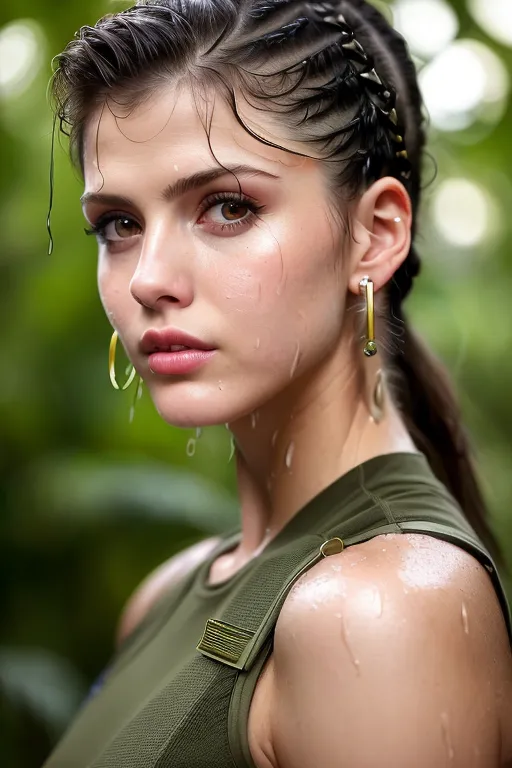 The picture shows a young woman with wet hair and a serious expression on her face. She is wearing a green tank top and has a braid in her hair. The background is blurred and looks like a jungle.