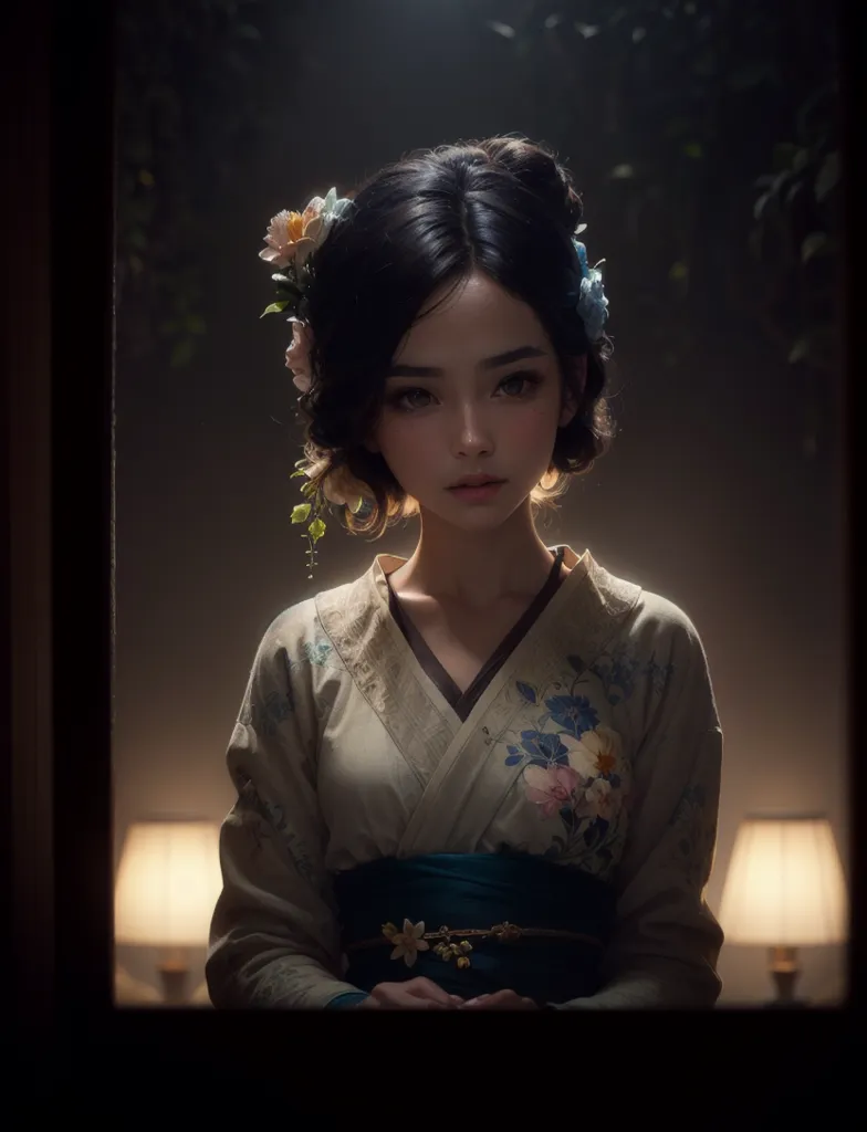 The image is a portrait of a young woman. She has long black hair with flowers in it. She is wearing a traditional Japanese kimono with a floral pattern. The background is dark with two sources of light on either side of the woman.