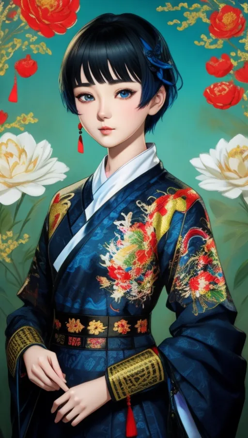 La imagen muestra a una mujer joven con un hanbok azul con acentos rojos y dorados. El hanbok tiene un patrón floral y está atado con un cinturón a la cintura. La mujer tiene el cabello corto y negro y ojos azules. Lleva pendientes y una pulsera tradicionales coreanos. Hay flores rojas y blancas de fondo.