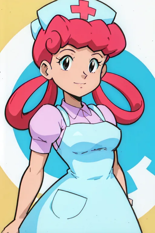 The image is of a young woman with pink hair and blue eyes. She is wearing a white nurse's cap and a blue dress with a white apron. She has a pink cross on her cap and a stethoscope around her neck. She is smiling and has a friendly expression on her face. The background is a light blue color.