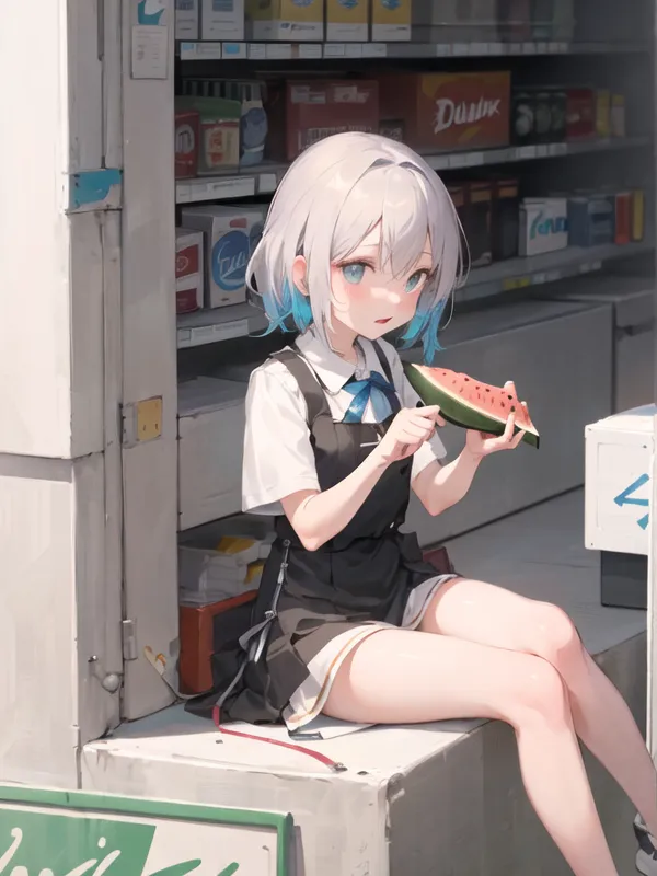 The image depicts an anime-style girl with white and blue hair. She is wearing a white shirt, black vest, and black shorts. She is sitting on a curb outside of a convenience store and eating a watermelon slice. There are shelves of snacks and drinks behind her.