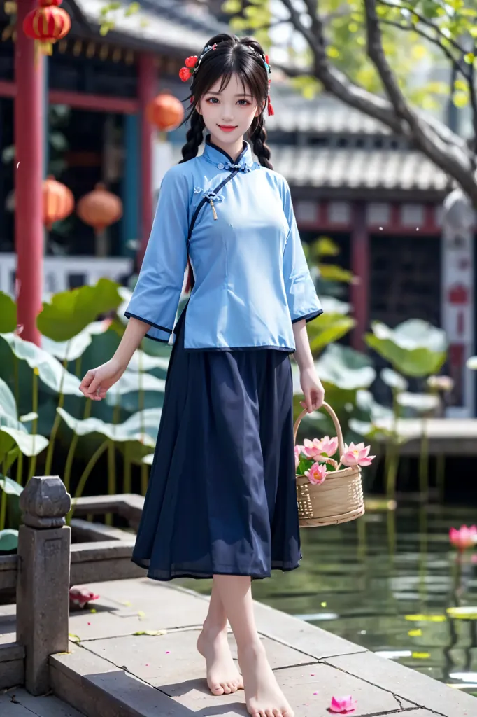 The image shows a young woman wearing a blue and white traditional Chinese dress with a long blue skirt. She is standing on a stone bridge in a garden, with a basket of flowers in her hands. The background is a blurred image of a traditional Chinese garden, with a pond, trees, and flowers. The woman is barefoot and has her hair in a traditional Chinese hairstyle. She is looking at the camera with a smile on her face.