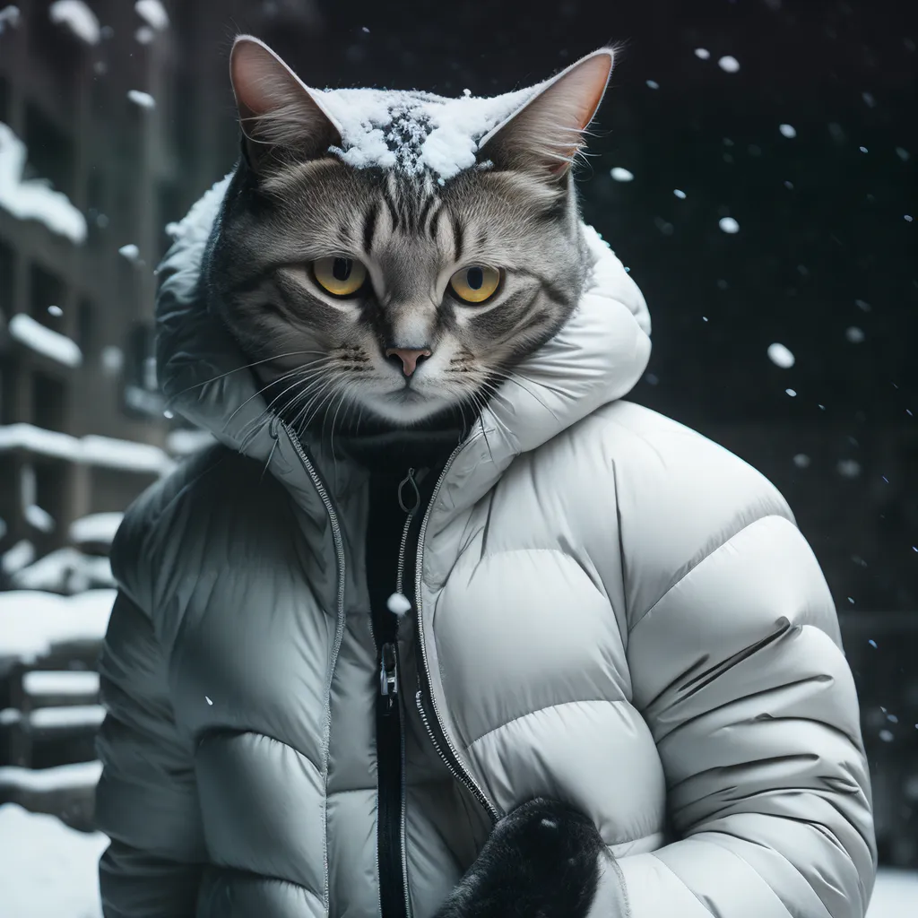 A imagem mostra um gato usando um casaco acolchoado branco com um zíper preto e luvas pretas. O gato tem as orelhas saindo do capuz do casaco e está olhando para a câmera com uma expressão curiosa. O fundo é uma floresta nevada com árvores e chão coberto de neve.