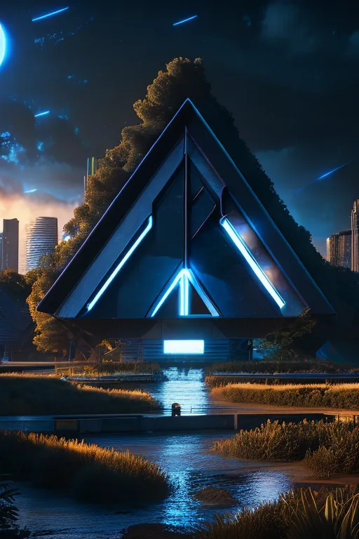 L'image représente une ville futuriste avec une grande pyramide bleue lumineuse au centre. La pyramide est entourée d'arbres et d'eau, et il y a plusieurs grands bâtiments à l'arrière-plan. Le ciel est sombre et il y a des étoiles et une lune dans le ciel.