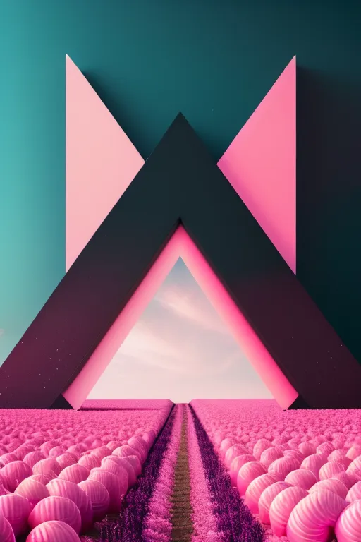 The image is a surreal landscape with a large pink and black geometric structure in the foreground. The structure is made up of two triangles that are connected by a horizontal bar. The triangles are pink and the bar is black. The structure is set against a backdrop of a pink field with pink orbs. The orbs are arranged in a grid-like pattern and they appear to be growing out of the ground. The sky is a gradient of pink and blue and there are clouds in the distance. The image is rendered in a realistic style and the colors are vibrant and saturated.