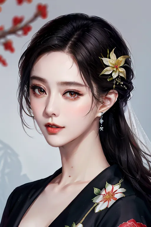 The image shows a young woman with long black hair and brown eyes. She is wearing a black dress with white and red flower designs. There is a yellow flower in her hair. She is looking at the viewer with a slight smile on her face. The background is a light gray.