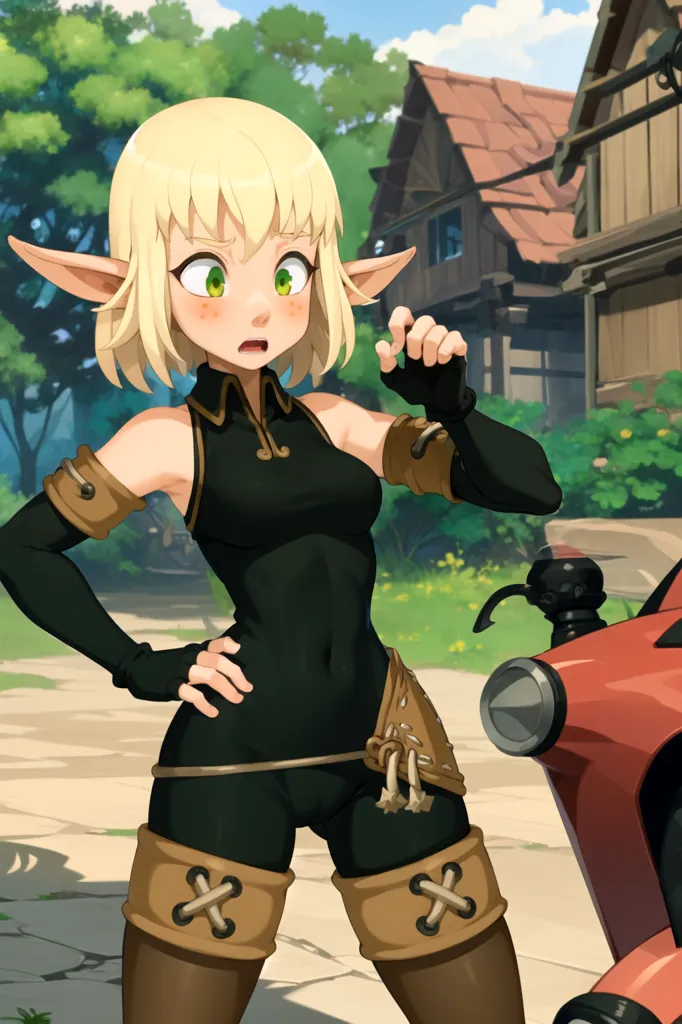 The image is of a young female elf with blonde hair and green eyes. She is wearing a black and green outfit and is standing in front of a motorcycle. The elf is looking at the motorcycle with a curious expression on her face. She is standing in a village with houses and greenery in the background.